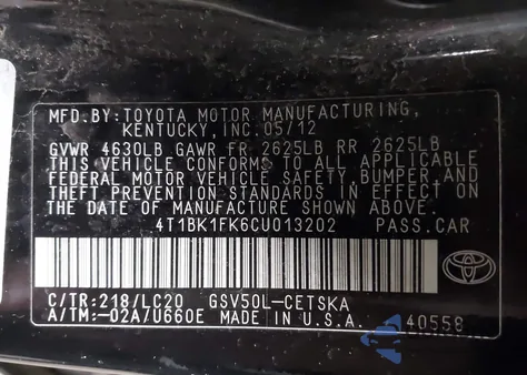 2012 Toyota Camry Se V6 from USA, damaged, VIN 4T1BK1FK6CU013202
